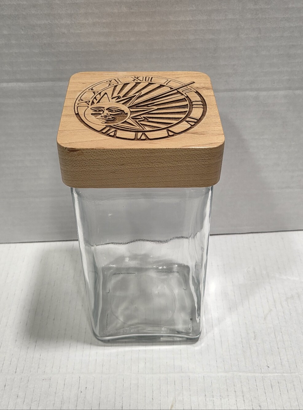 Lasermation Vintage Carved Sundial Wood Top Glass Canister